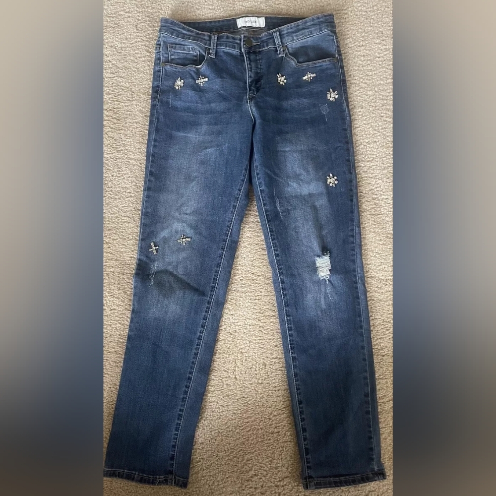 JONES STUDIO Embelished Distressed Girlfriend Jeans